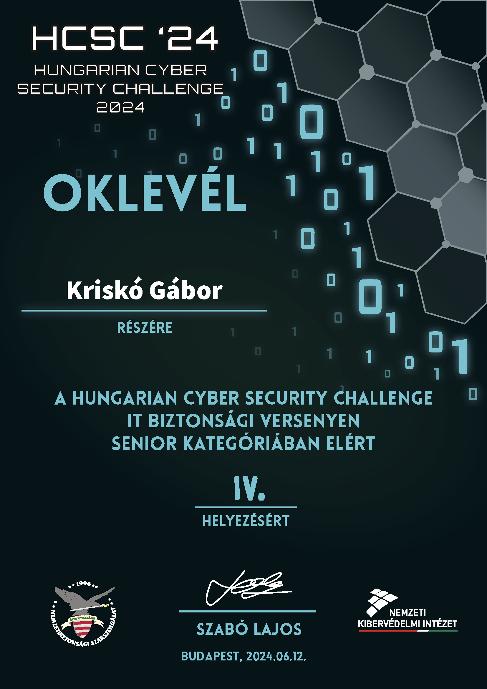 Kriskó Gábor Hungarian Cyber Security Challenge emléklapja